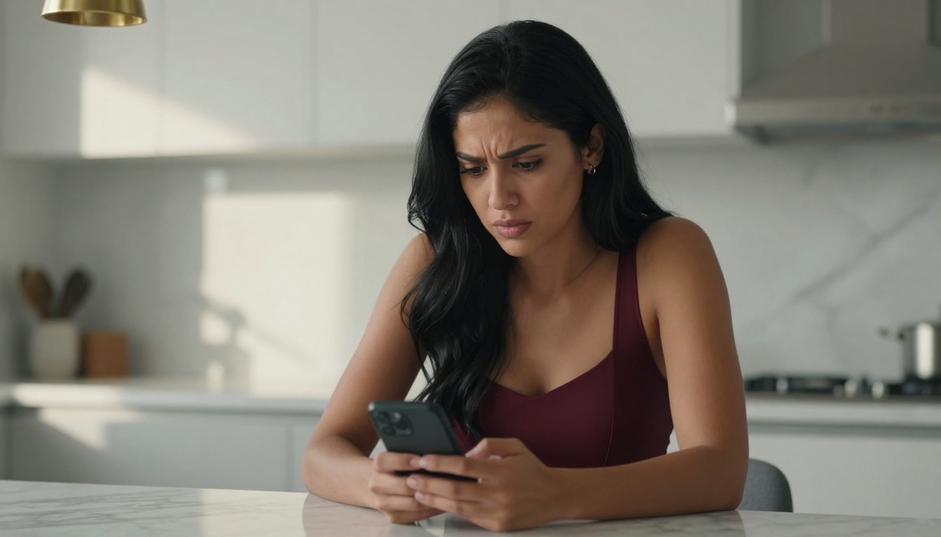 Latina woman looking at her phone with frustration at a marble kitchen island
