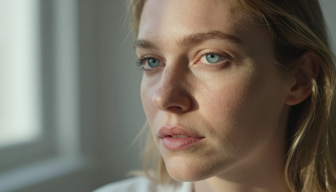Close-up portrait of a European woman with piercing blue eyes and natural morning light Close-up portrait of a European woman with piercing blue eyes and natural morning light