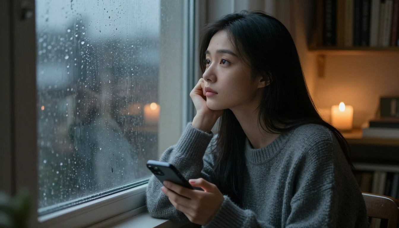 Woman looking at phone with wistful expression by a rainy window
