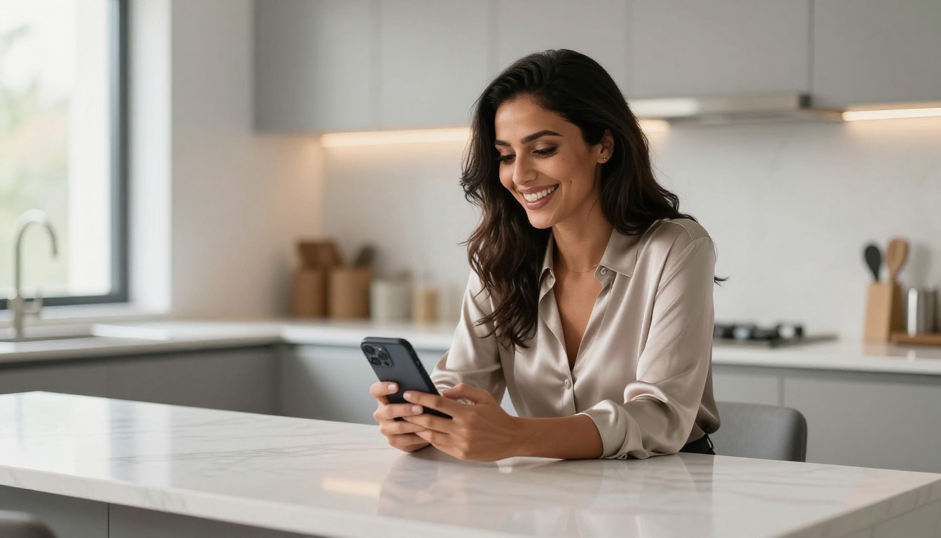 A Middle Eastern woman laughing naturally at her phone in a bright modern kitchen A Middle Eastern woman laughing naturally at her phone in a bright modern kitchen