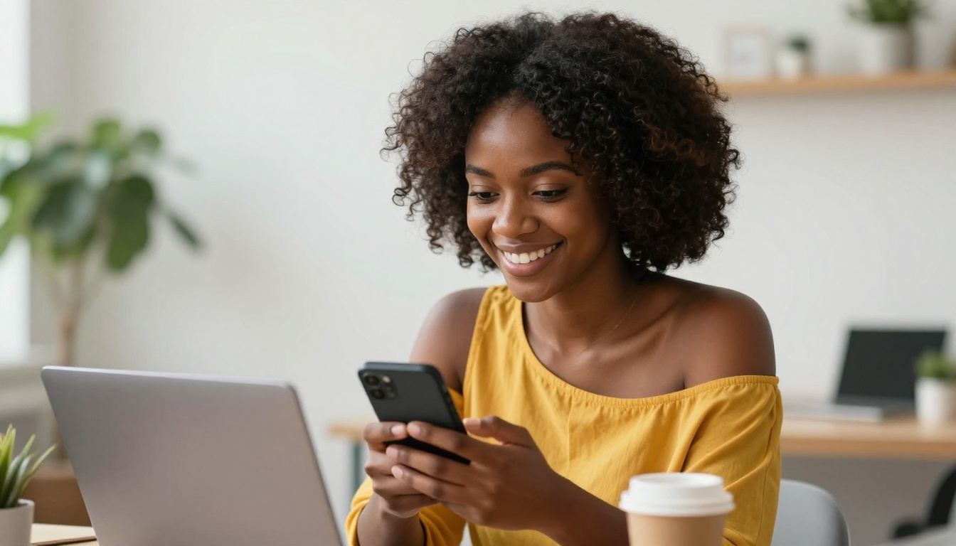 Radiant woman smiling at smartphone in bright modern workspace
