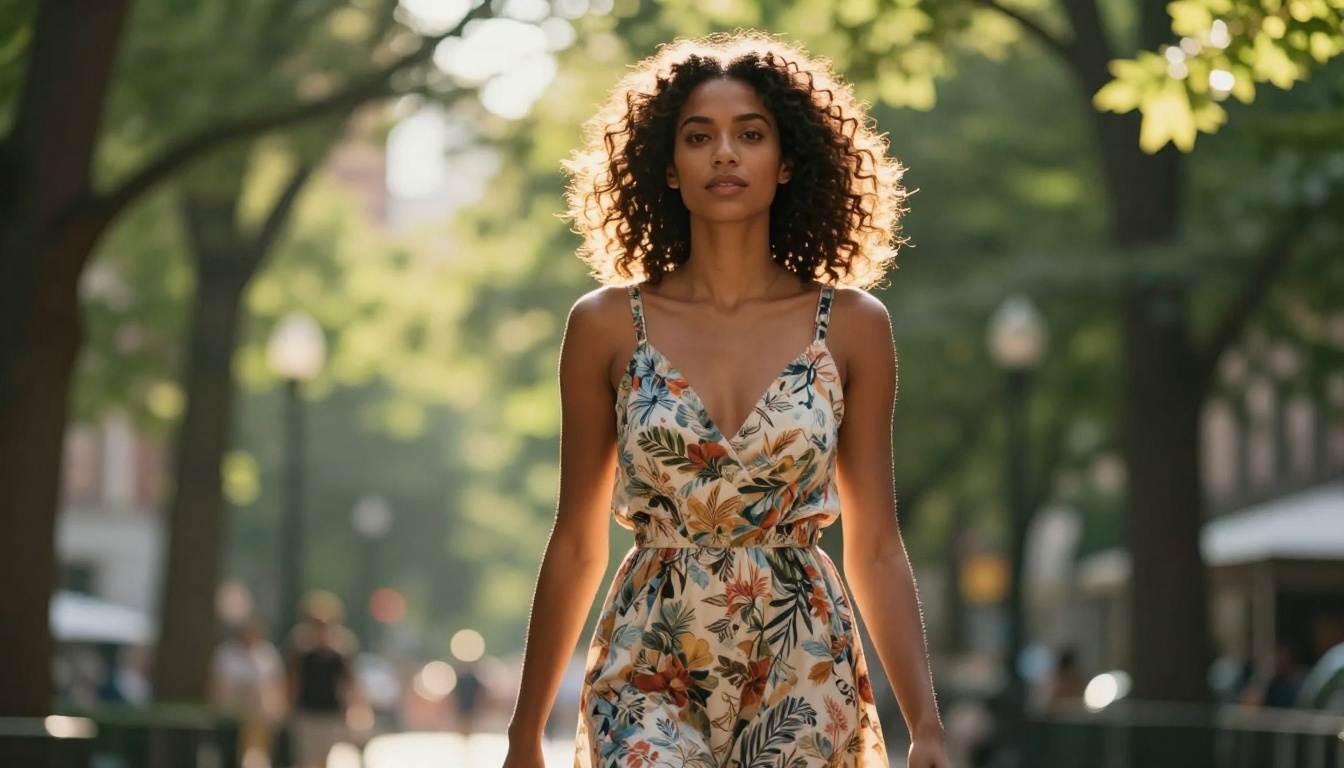 A beautiful African-American woman walking confidently through a sunlit city park A beautiful African-American woman walking confidently through a sunlit city park