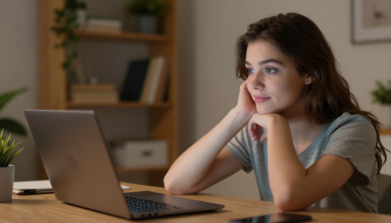 A woman leaning toward a glowing laptop screen with an engaged flirtatious expression A woman leaning toward a glowing laptop screen with an engaged flirtatious expression