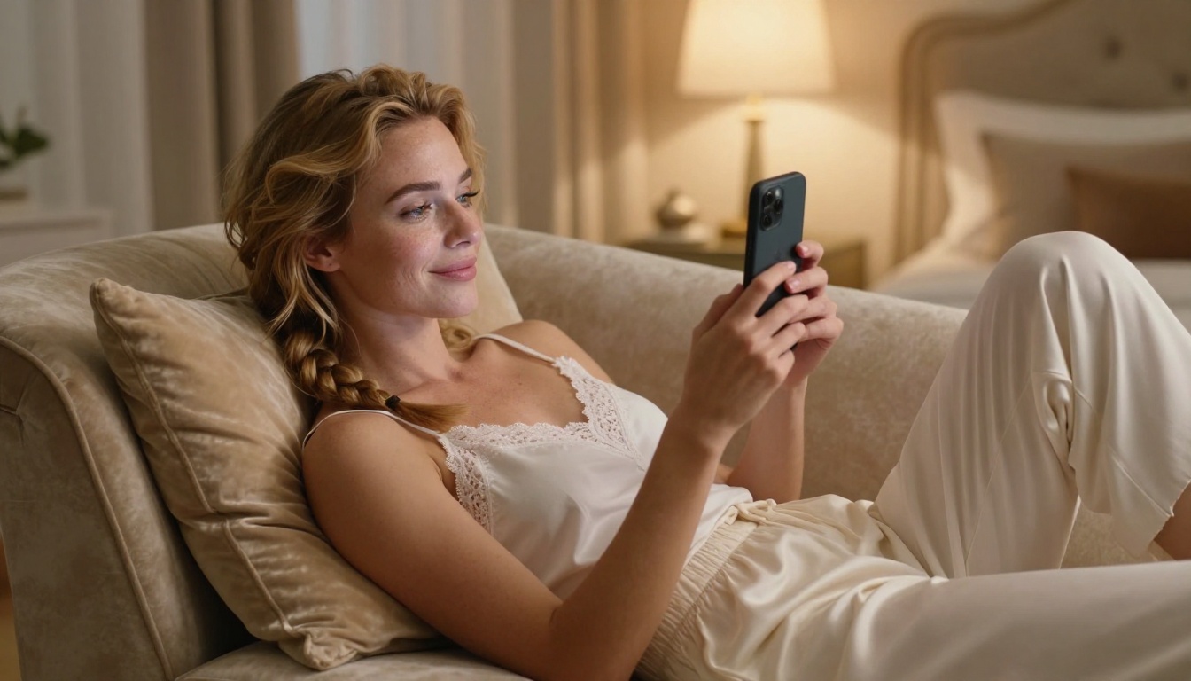 European woman reclining on chaise lounge with phone, soft amber light