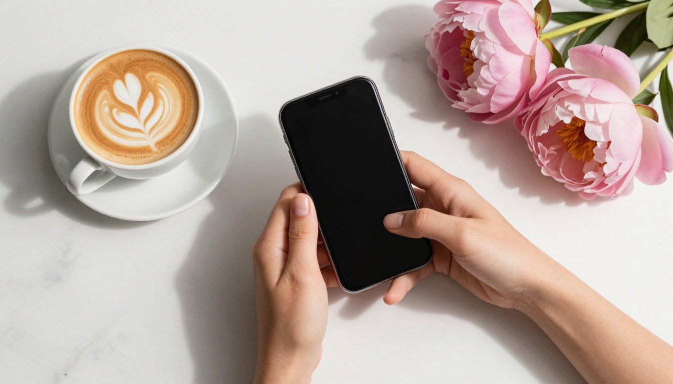 Overhead flat-lay of a woman's graceful hands holding a smartphone with coffee and fresh flowers Overhead flat-lay of a woman's graceful hands holding a smartphone with coffee and fresh flowers