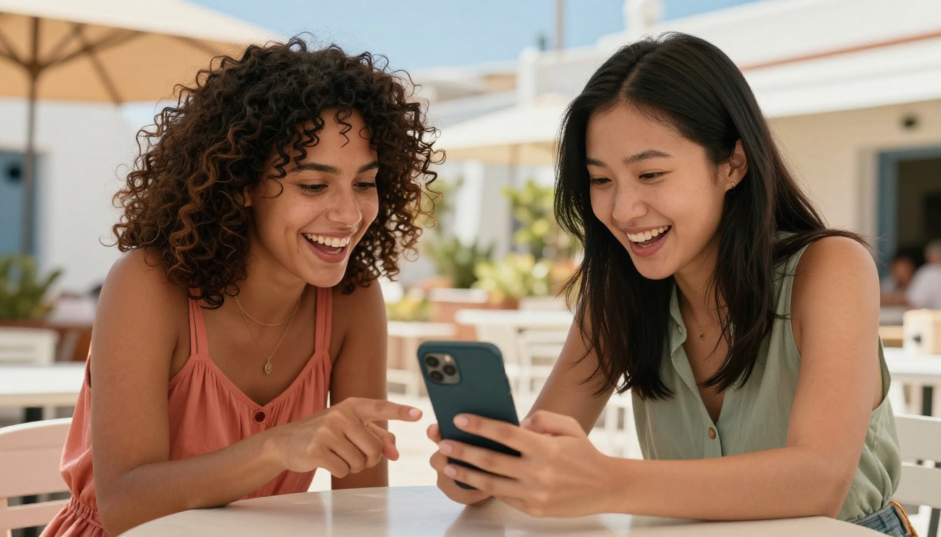 Two women at outdoor café sharing a phone and laughing in Mediterranean sunlight