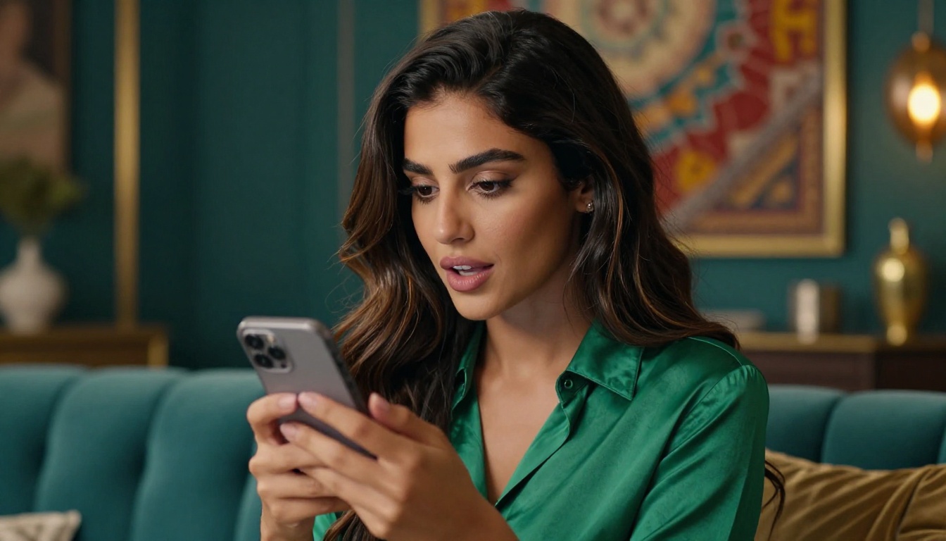 Middle Eastern woman with phone, engaged and playful expression in jewel-toned living room