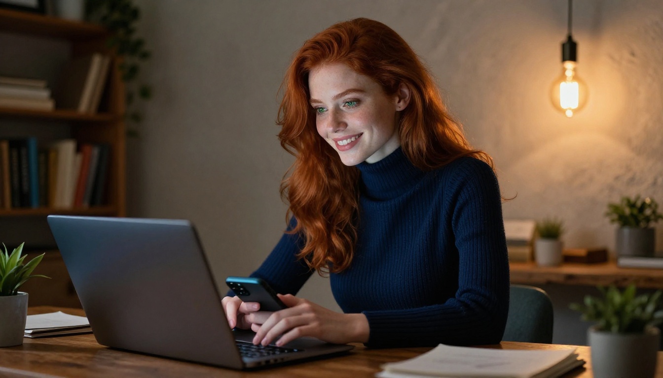Confident woman with red hair at home office desk smiling at laptop screen