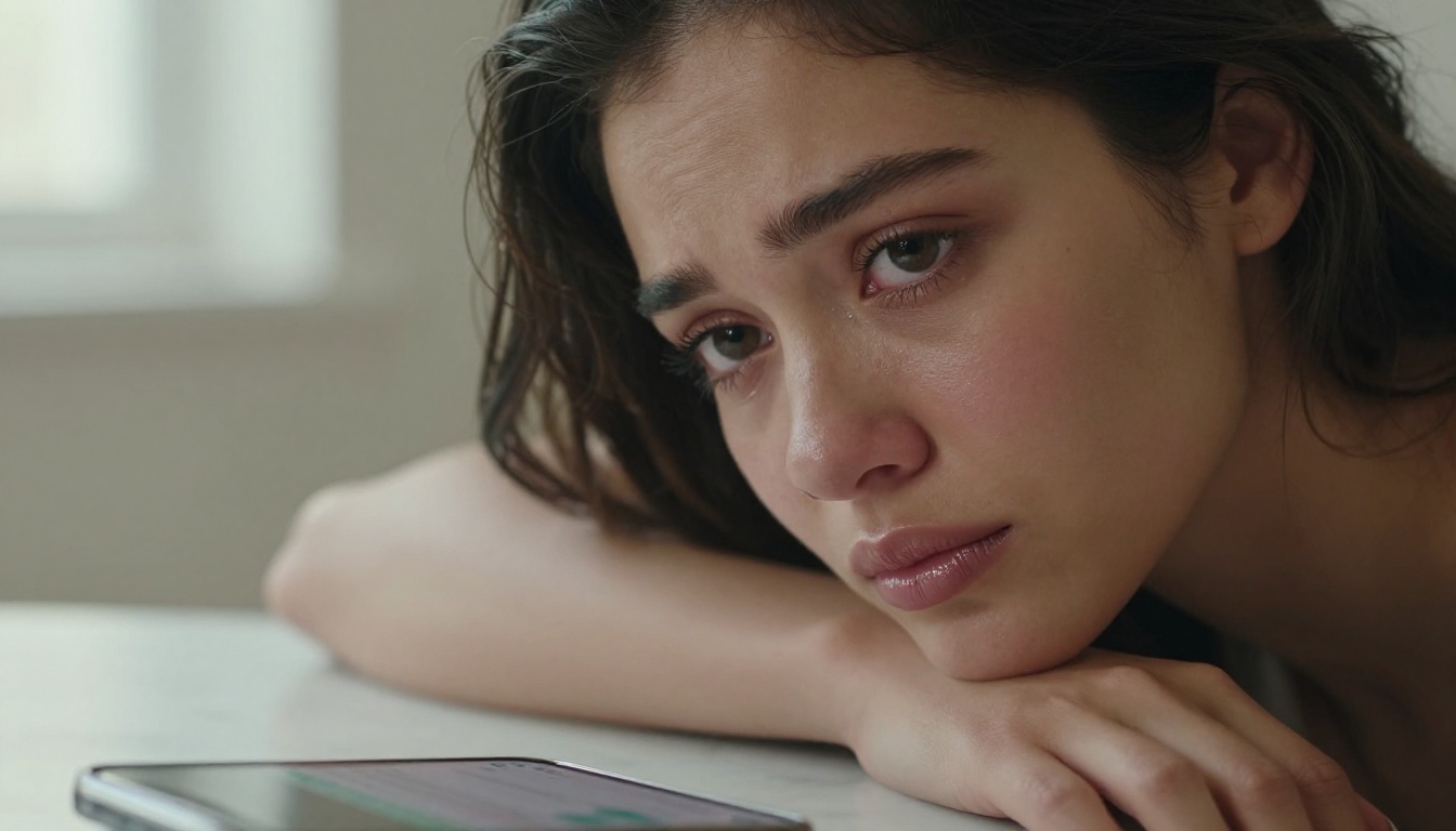 A beautiful young Latina woman looks frustrated at her phone, eyes glistening with disappointment