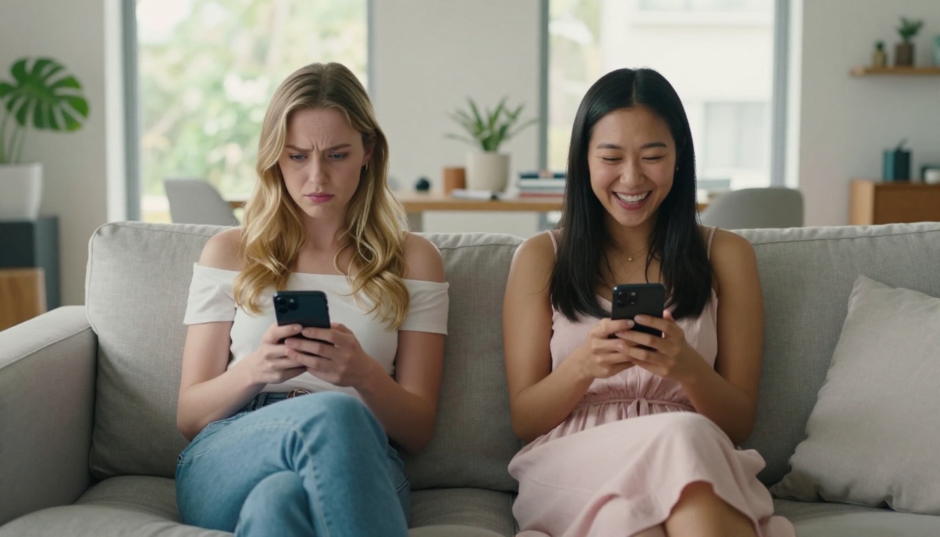 Two women side by side on a couch: one bored looking at her dull phone, the other laughing joyfully at hers