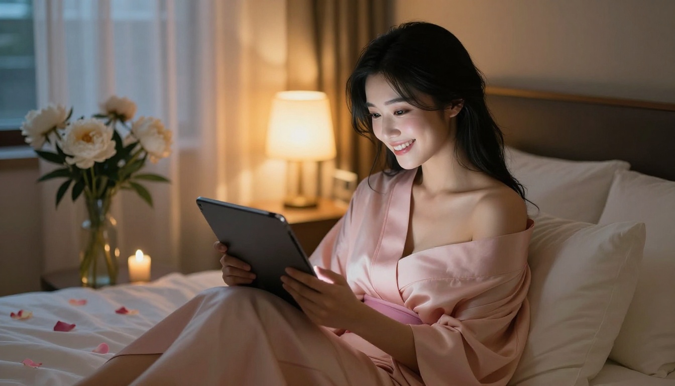 A beautiful Japanese woman smiles warmly while engaged in a genuine conversation on her tablet in a romantic bedroom