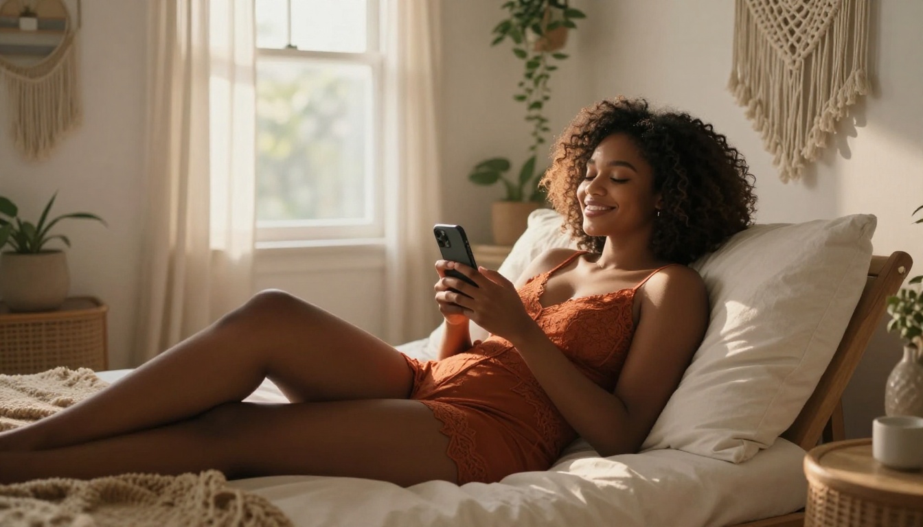 An African American woman holds her phone to her chest with a look of pure emotional contentment in a sunlit bohemian room