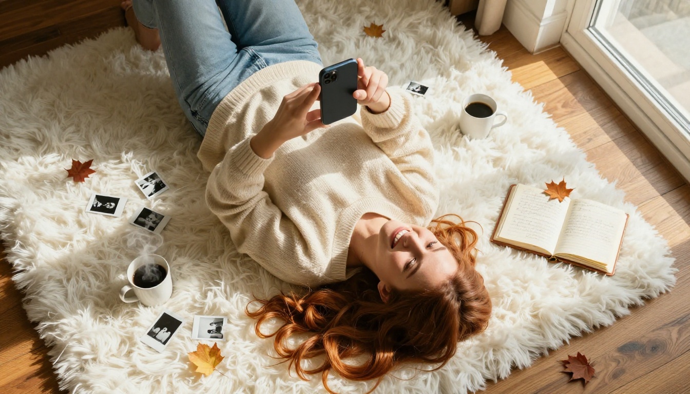 A beautiful woman lies on a white fluffy rug, smiling at her phone, surrounded by polaroid photos and a warm journal
