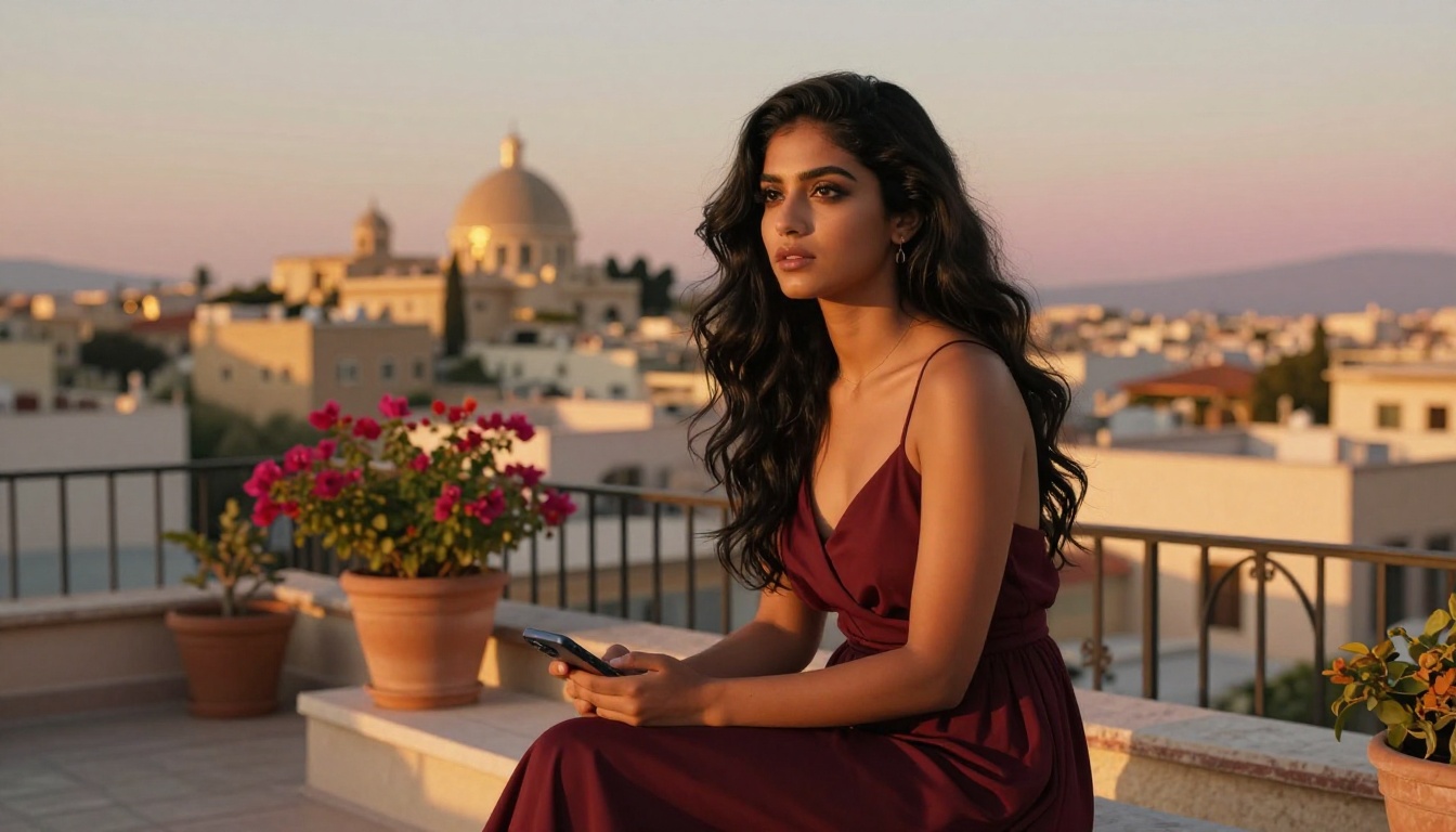 A breathtaking Middle Eastern woman sits on a rooftop terrace at golden hour, gazing into the distance with quiet thoughtfulness