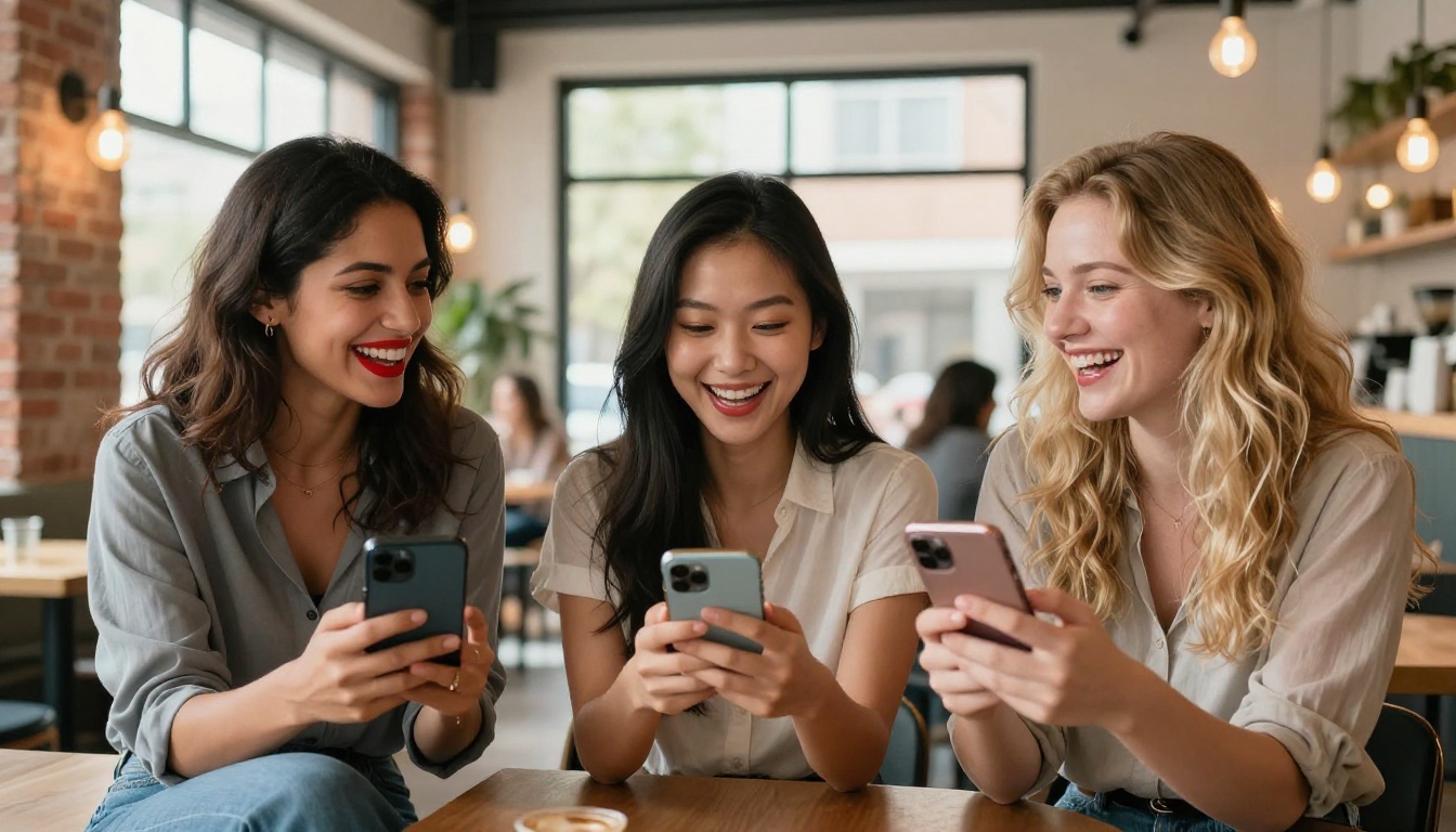 Three diverse beautiful women laugh together in a bright cafe, each visibly delighted by their AI chat experiences on their phones