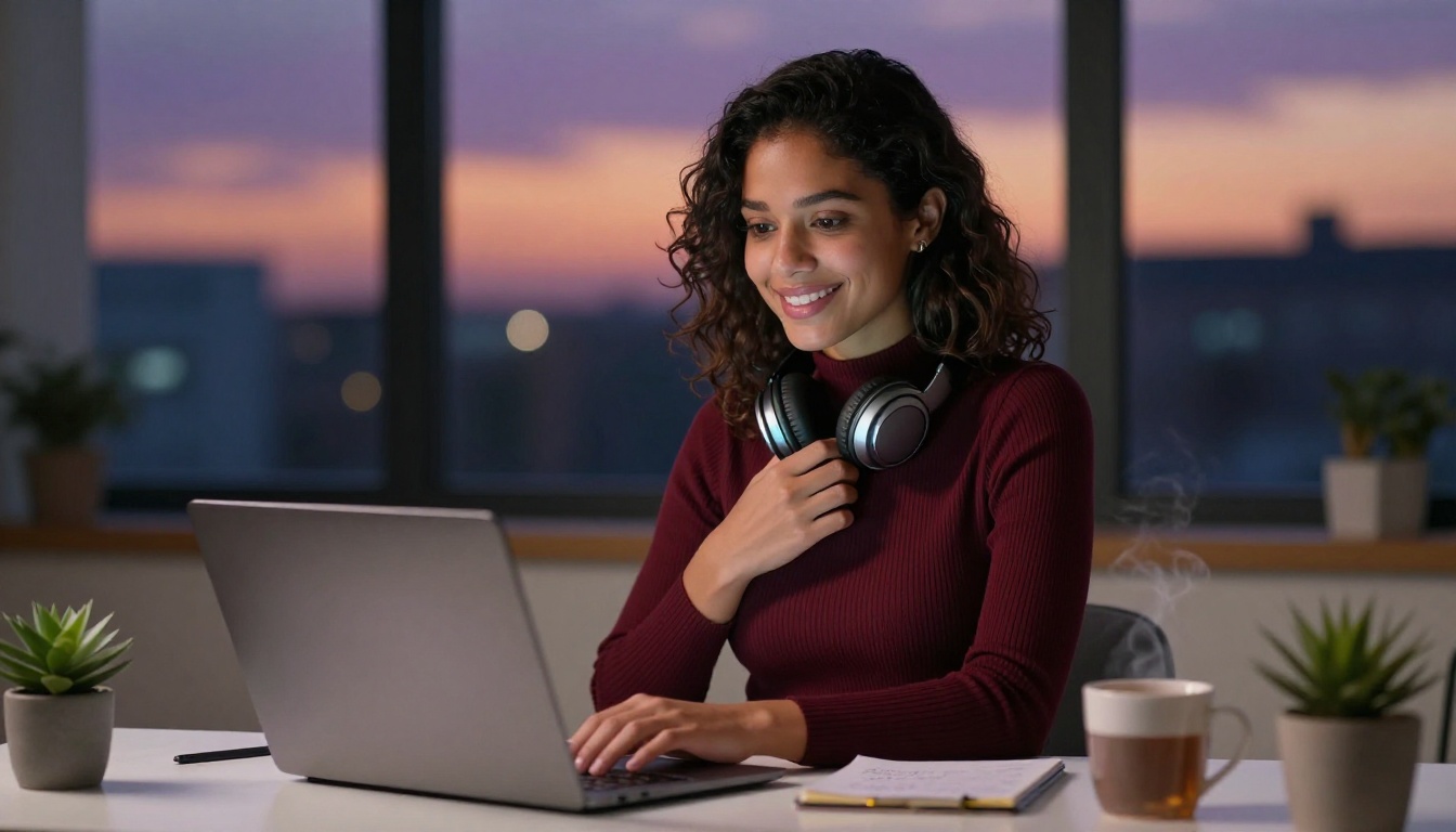 A beautiful woman sits at her minimalist desk at dusk, smiling genuinely at her laptop screen, fully absorbed in a warm AI conversation