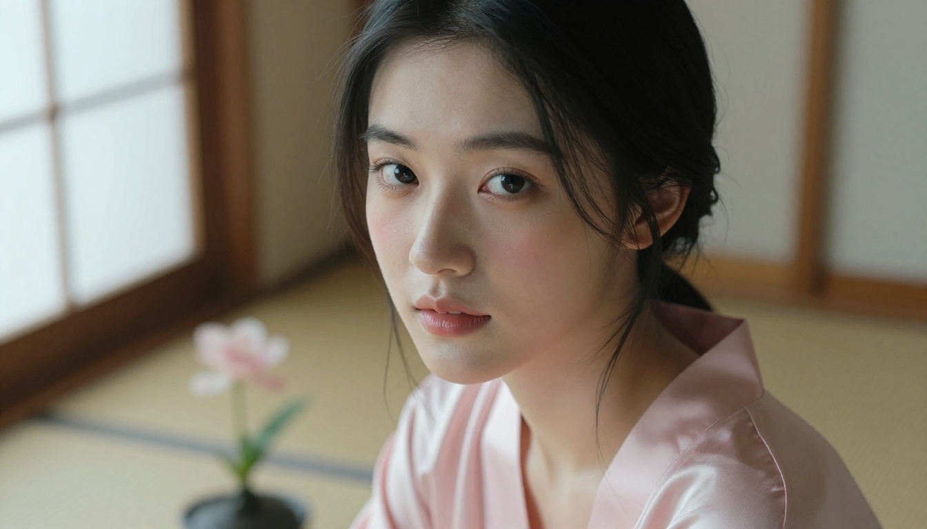 A beautiful Asian woman with delicate features and natural elegance, soft morning light creating a warm and intimate atmosphere