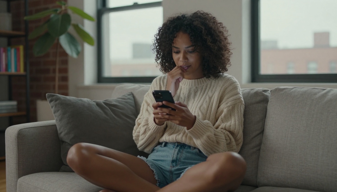A woman with natural curly hair browsing an AI companion app on her phone in a cozy modern living room setting