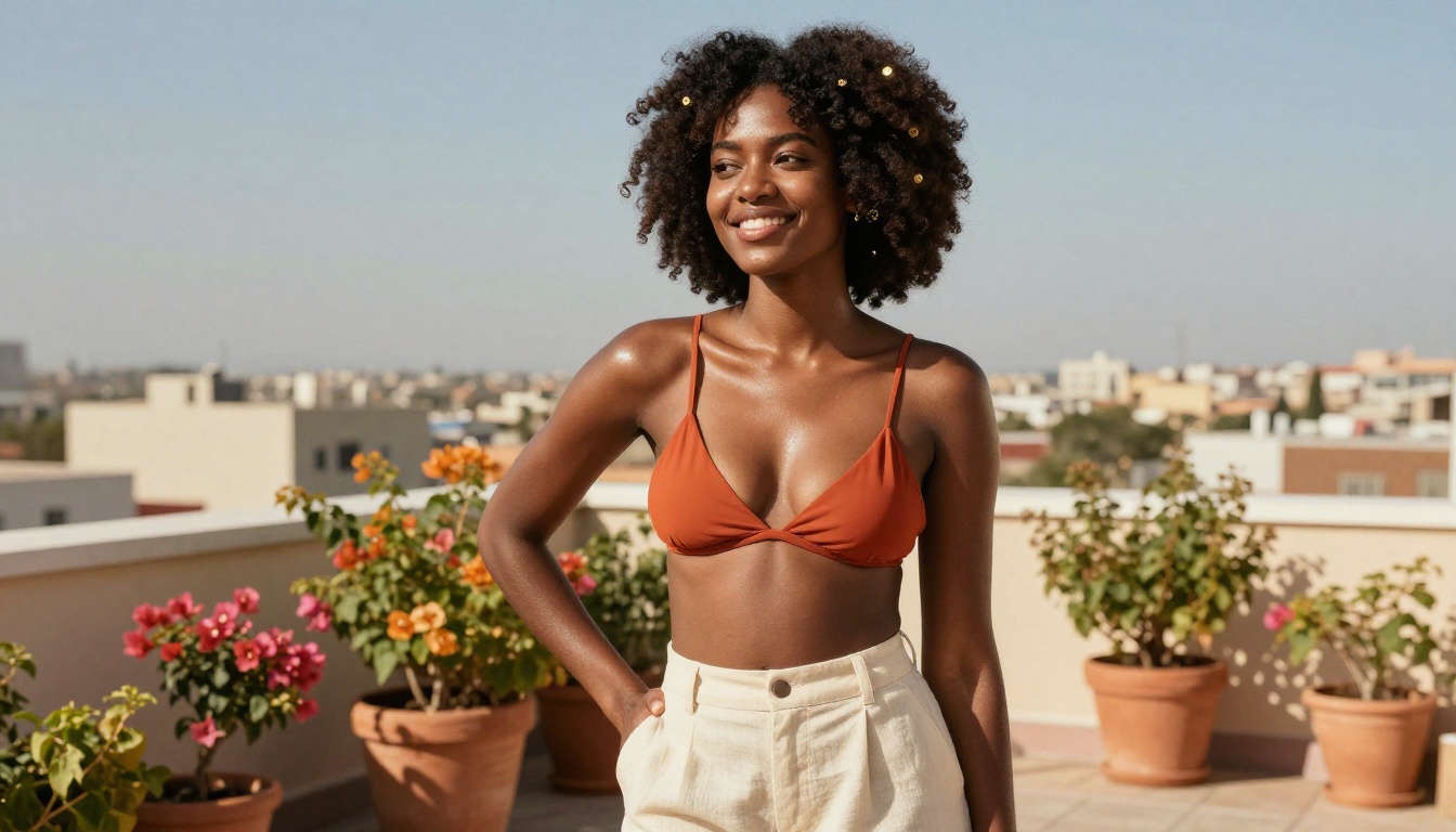 A radiant African woman with natural beauty posing confidently on a sunny rooftop terrace, warm golden light and vibrant summer atmosphere