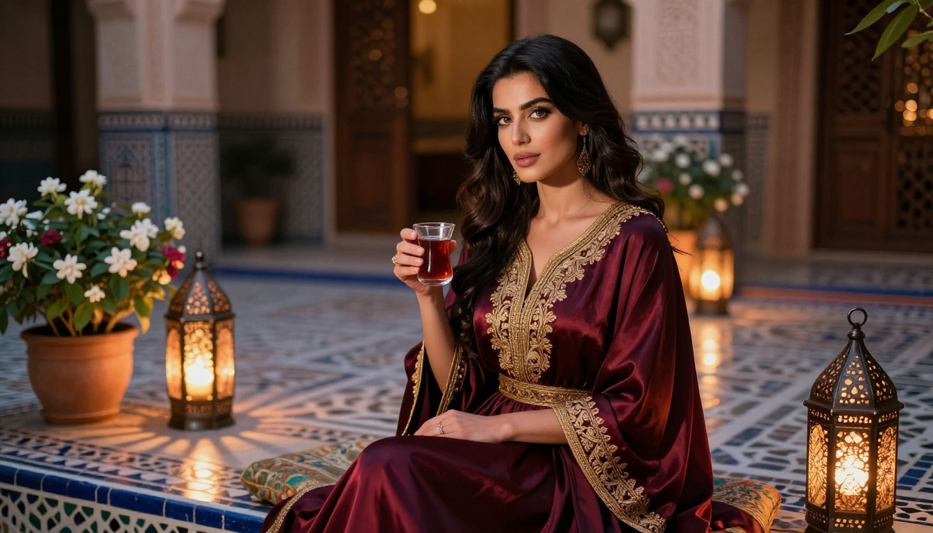 A stunning Middle Eastern woman in elegant burgundy silk dress in a luxurious Moroccan-inspired interior, warm lantern light and sophisticated atmosphere