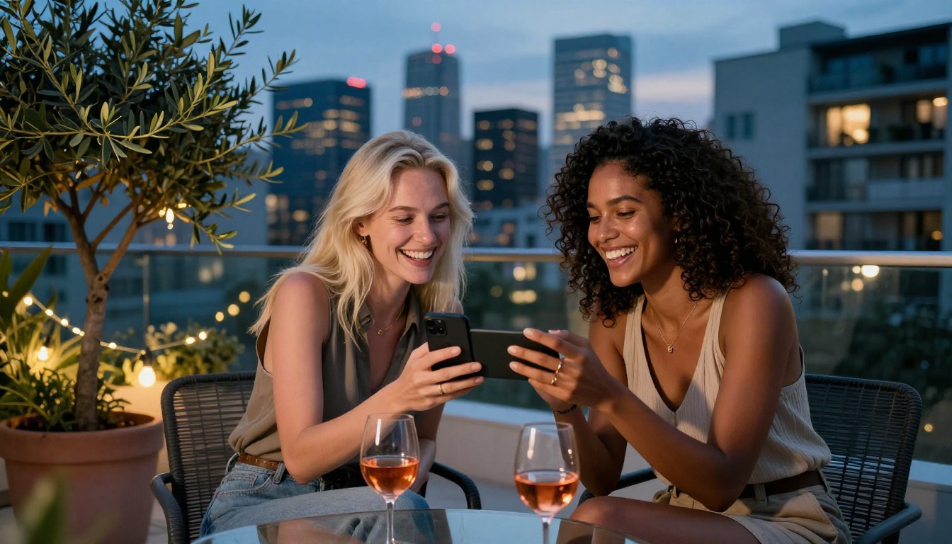 Two women from different backgrounds sharing a phone and laughing together on a stylish city terrace at dusk, genuine connection and warm evening atmosphere