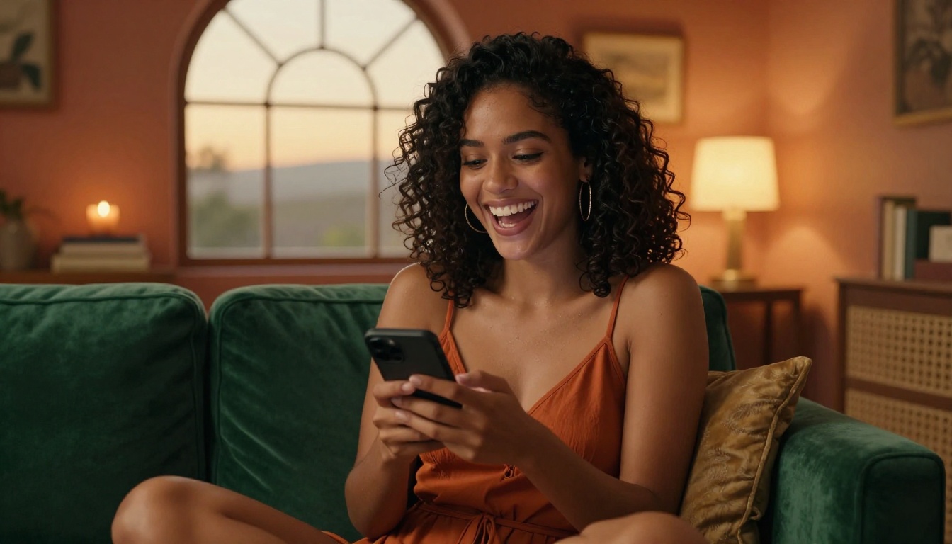Latina woman with dark curly hair laughing at phone on emerald velvet sofa, warm evening light, 50mm lens