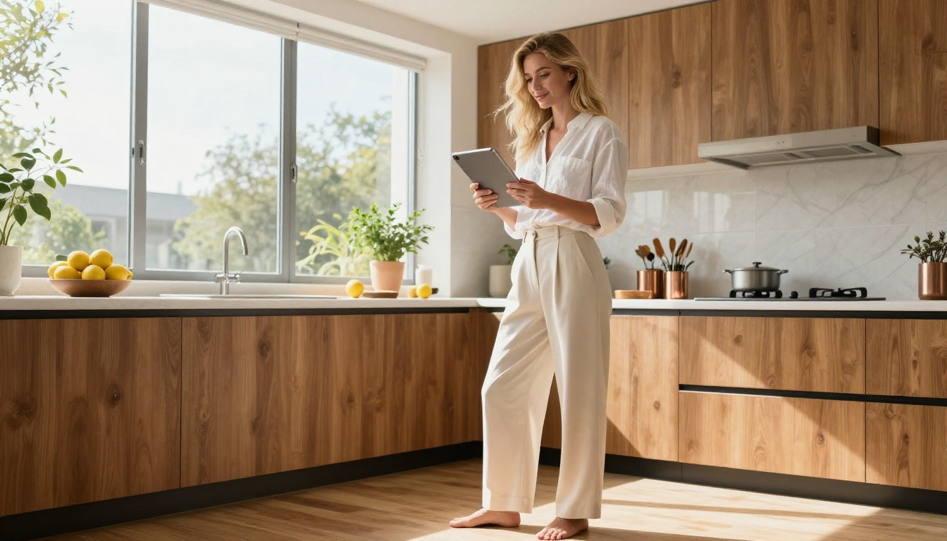 European blonde woman in bright kitchen looking down at tablet with engaged smile, morning light from windows, low-angle 35mm lens