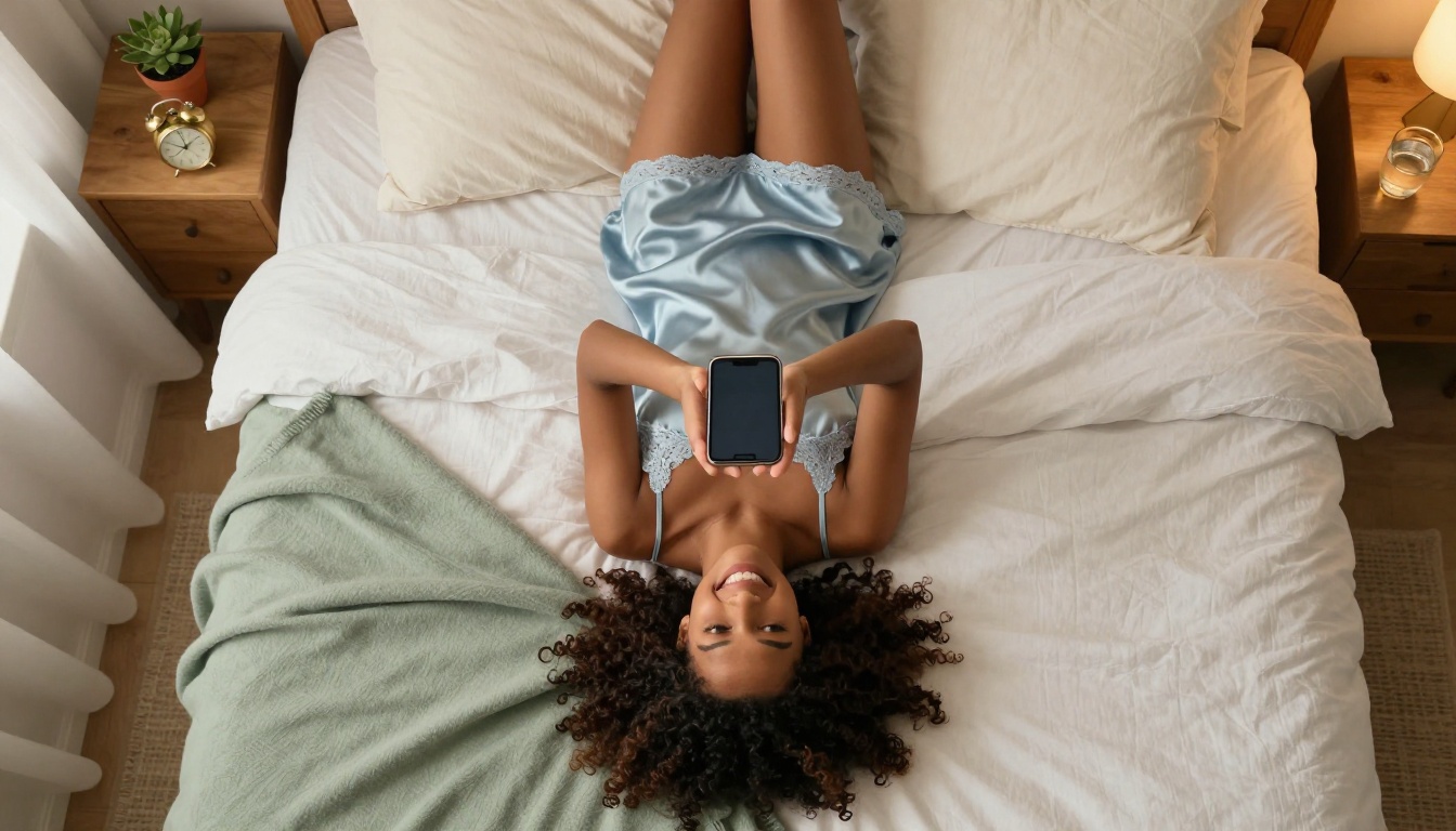 Woman lying overhead on white duvet holding phone smiling, soft morning light, top-down aerial perspective, Kodak Portra grain