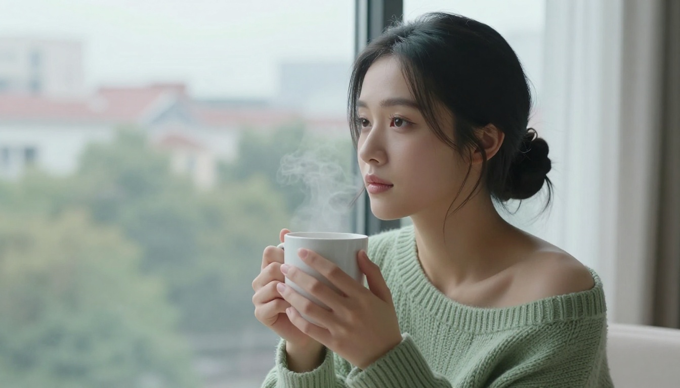 Young woman with East Asian features in sage green sweater holding ceramic mug by window, soft diffused morning light, 85mm portrait lens
