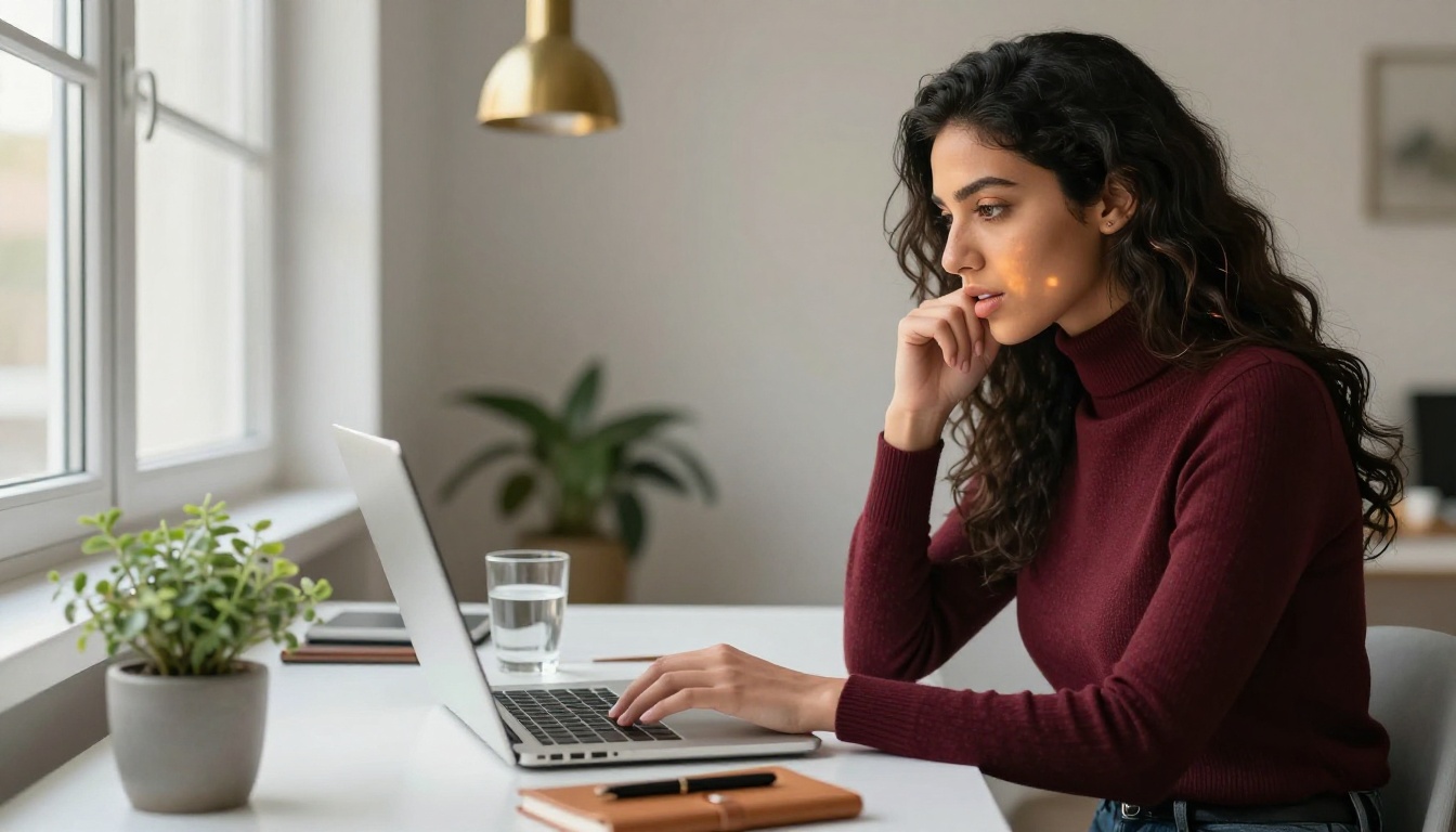 Woman with Middle Eastern features in burgundy turtleneck at minimalist desk looking at laptop, natural side window light, 50mm lens