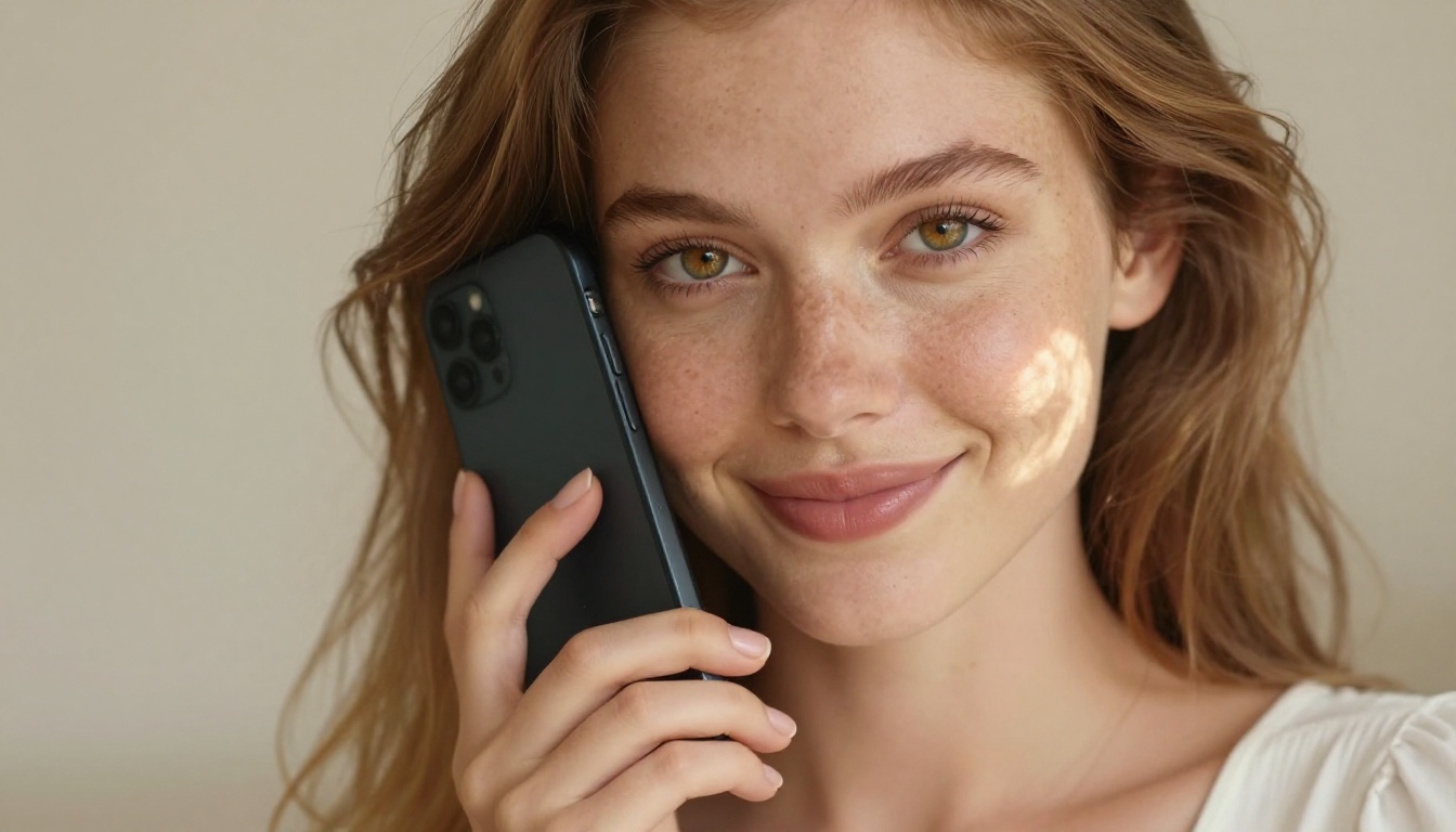 European woman with hazel eyes holding phone against cheek making direct eye contact, warm Rembrandt window light, 85mm f/1.2, creamy bokeh background