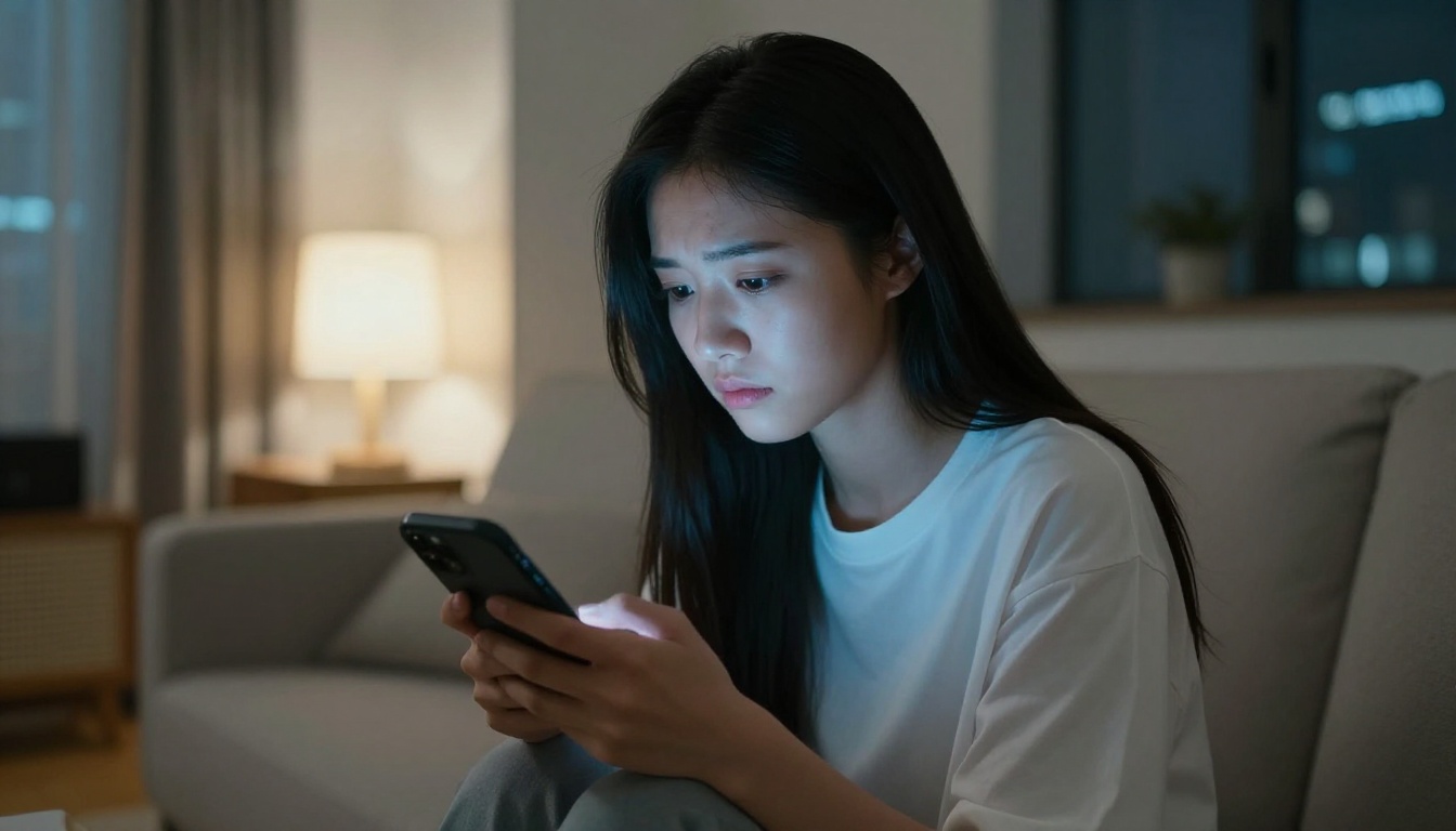 A young woman sitting alone at night, contemplatively looking at her phone