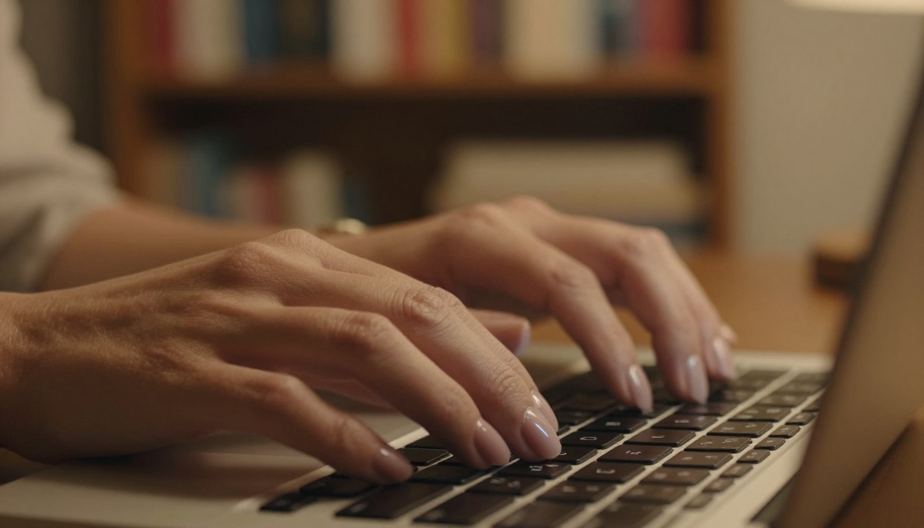 Close-up of hands typing on a phone with warm bokeh background