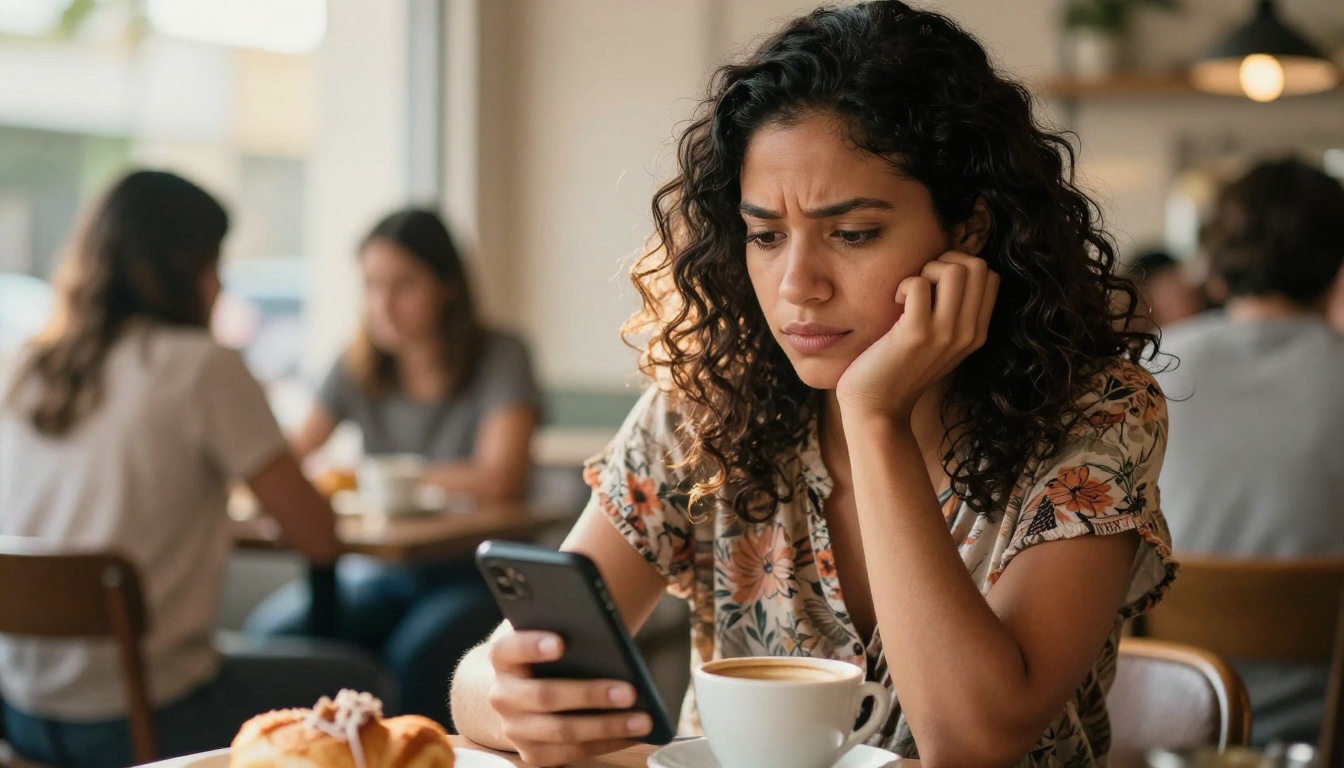 A woman at a café looking thoughtfully at her phone in warm afternoon light