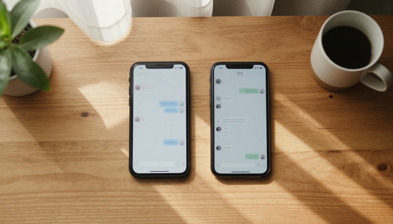 Flat lay of two smartphones on a wooden table in morning light