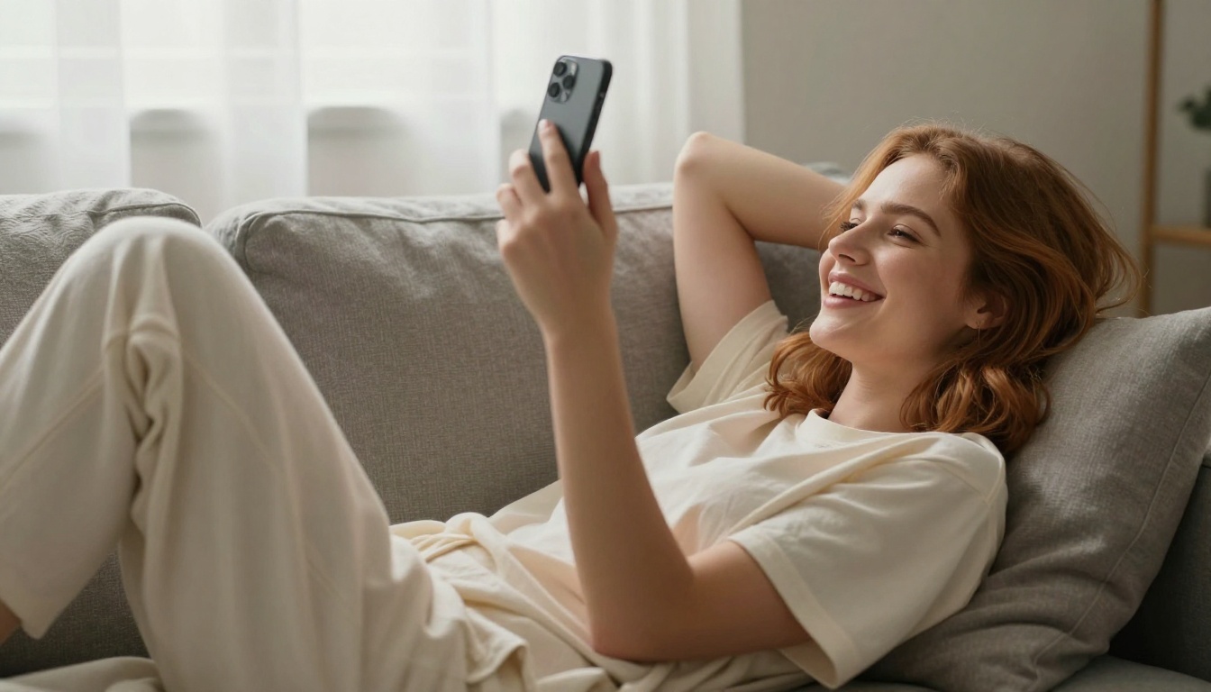 A woman with auburn hair laughing at her phone on a plush couch