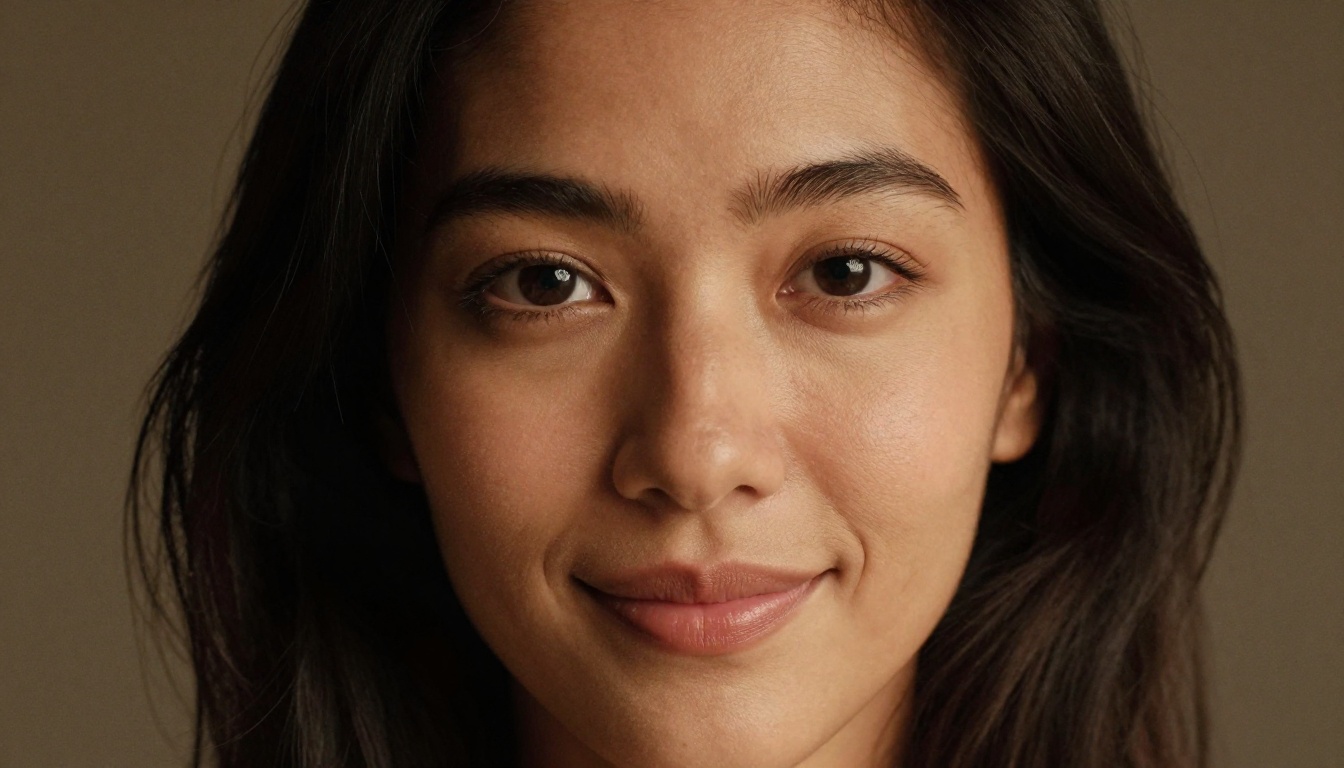 Close-up portrait of a woman with dark eyes and warm natural beauty