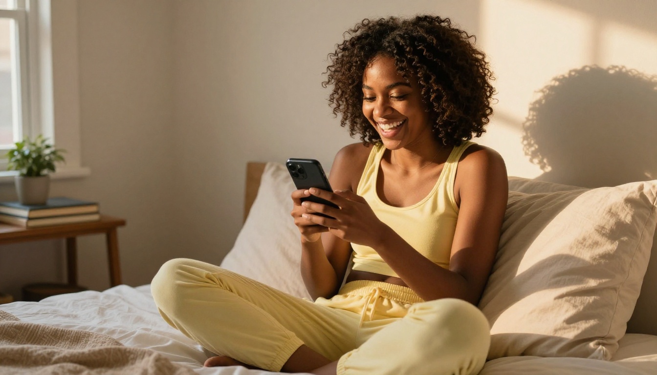 A woman with natural curls laughing at her phone in golden bedroom light