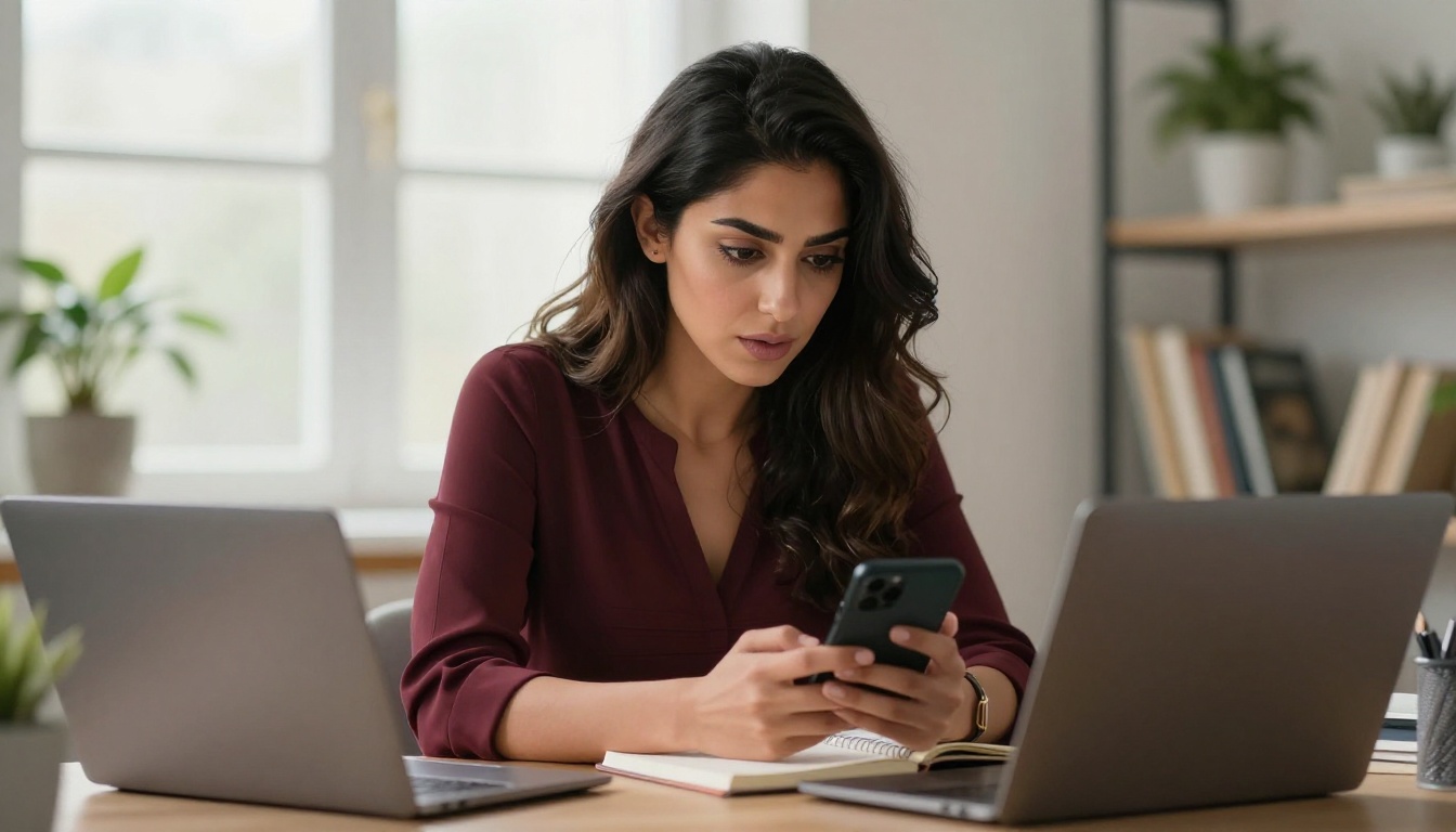 A Middle Eastern woman at her workspace, engaged with her phone
