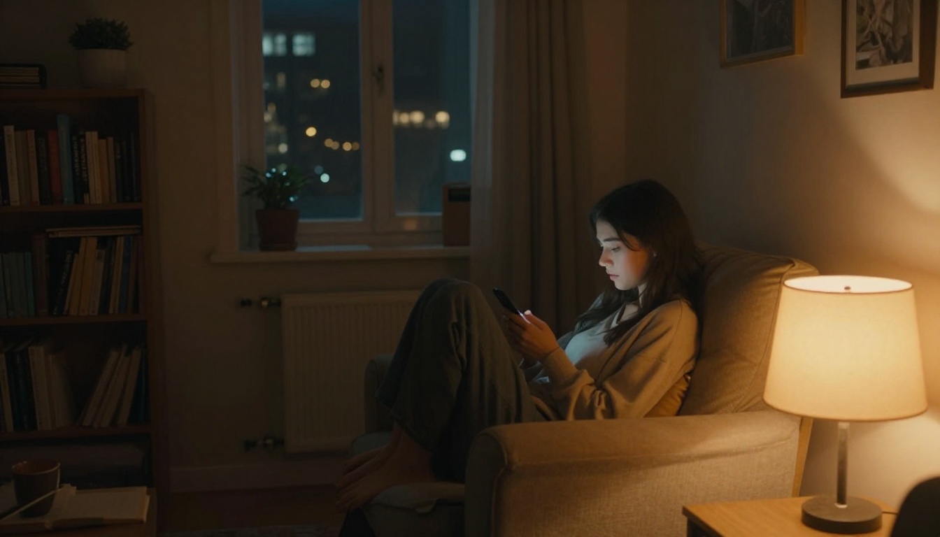 A woman curled up in an armchair at night, city lights through the window