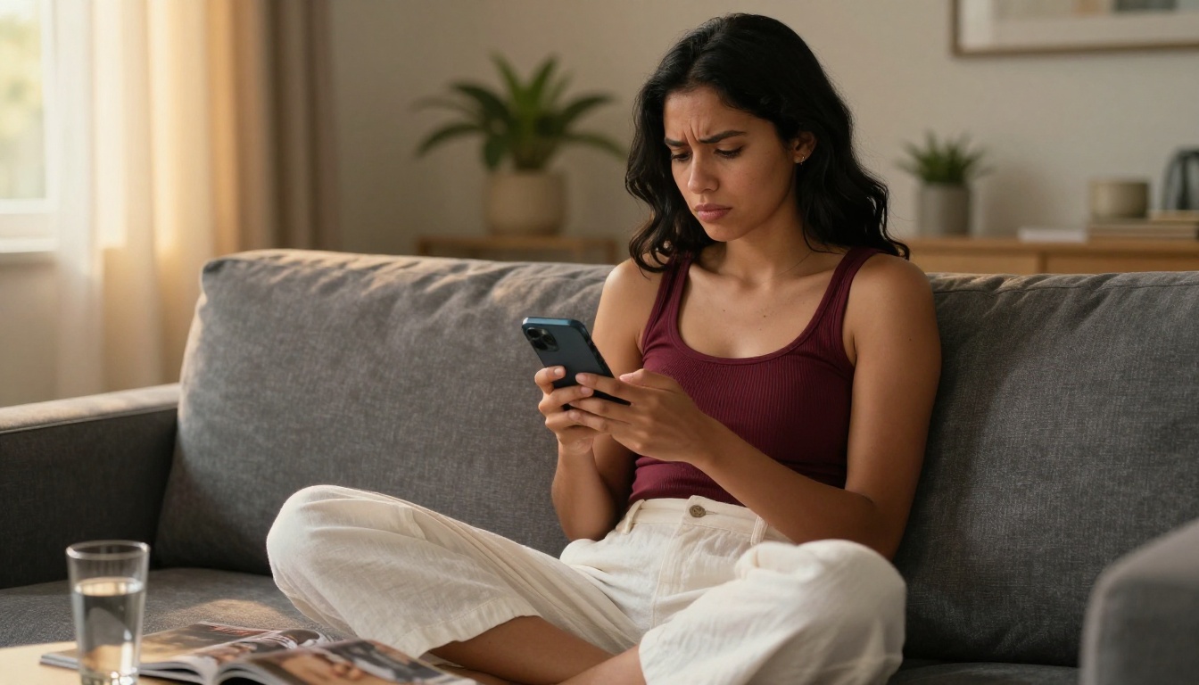 Woman reading a support ticket on her phone while sitting on a gray sofa