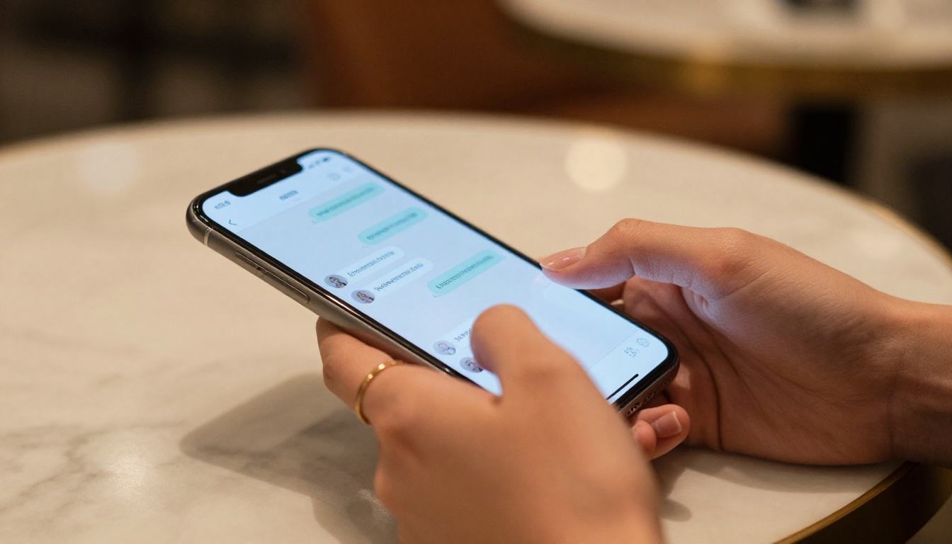 Close-up of elegant hands typing on a smartphone showing a support chat interface on a marble surface