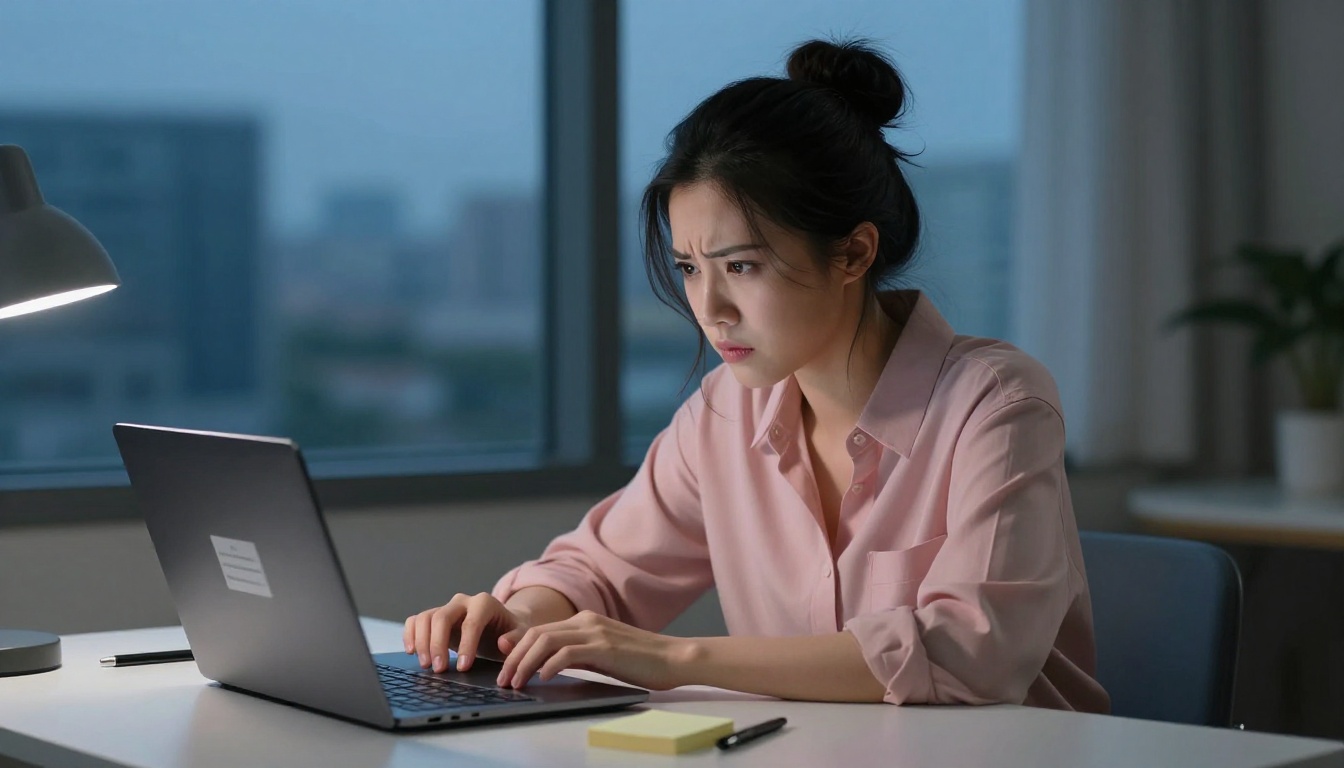 Asian woman staring at a laptop screen with a frustrated expression near a window at dusk