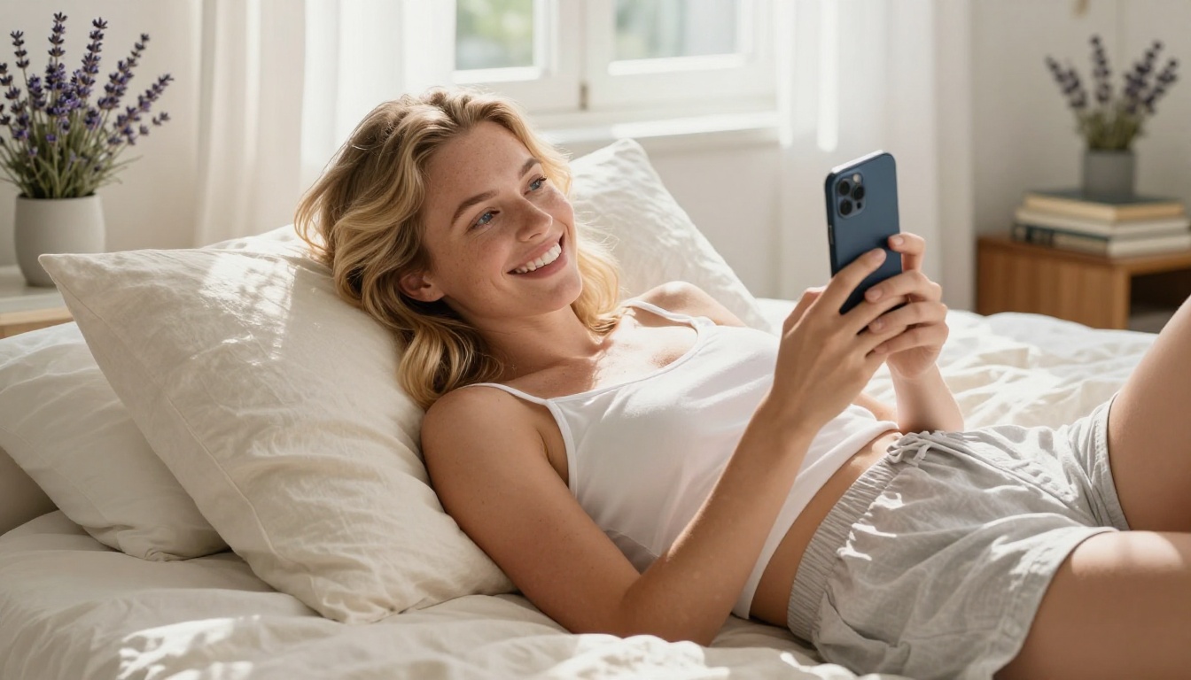 European woman with wavy blonde hair smiling at her phone while relaxing on cream linen bedding in bright sunlight