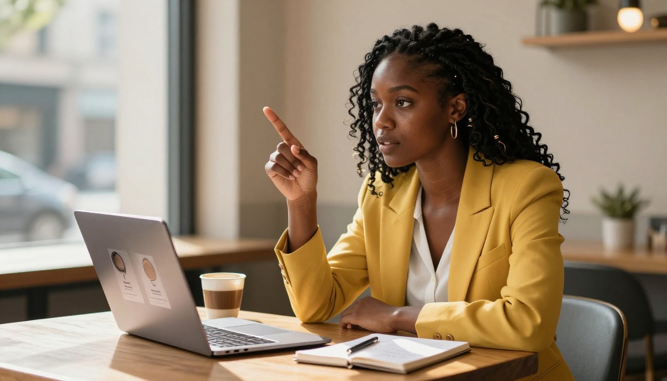 Black woman in mustard yellow blazer at a cafe table comparing two AI apps on a laptop