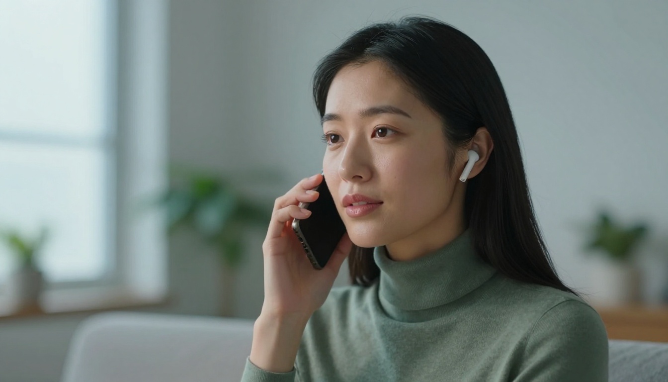 Japanese woman with earbuds speaking calmly into her phone with soft diffused morning light in a minimalist apartment