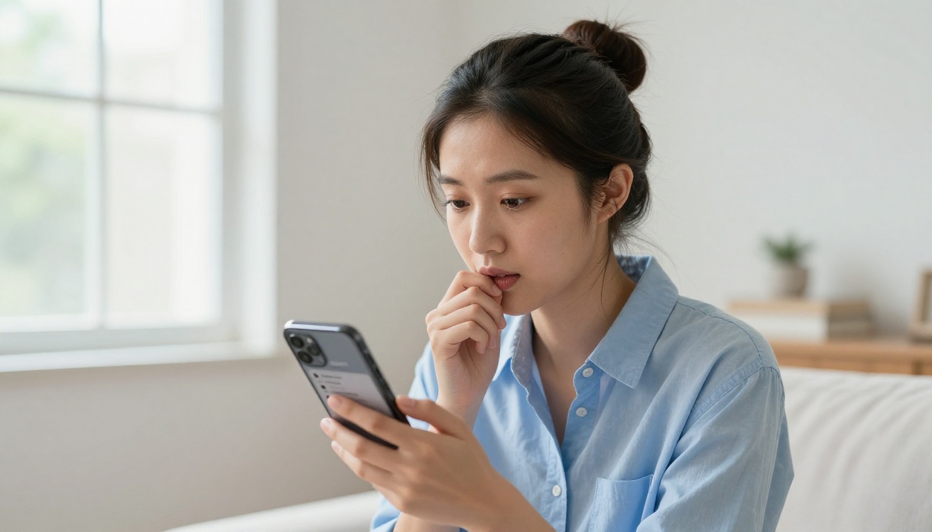 Woman checking phone privacy settings in bright minimalist apartment
