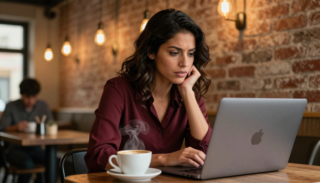 Latina woman researching on laptop at warm cafe with coffee
