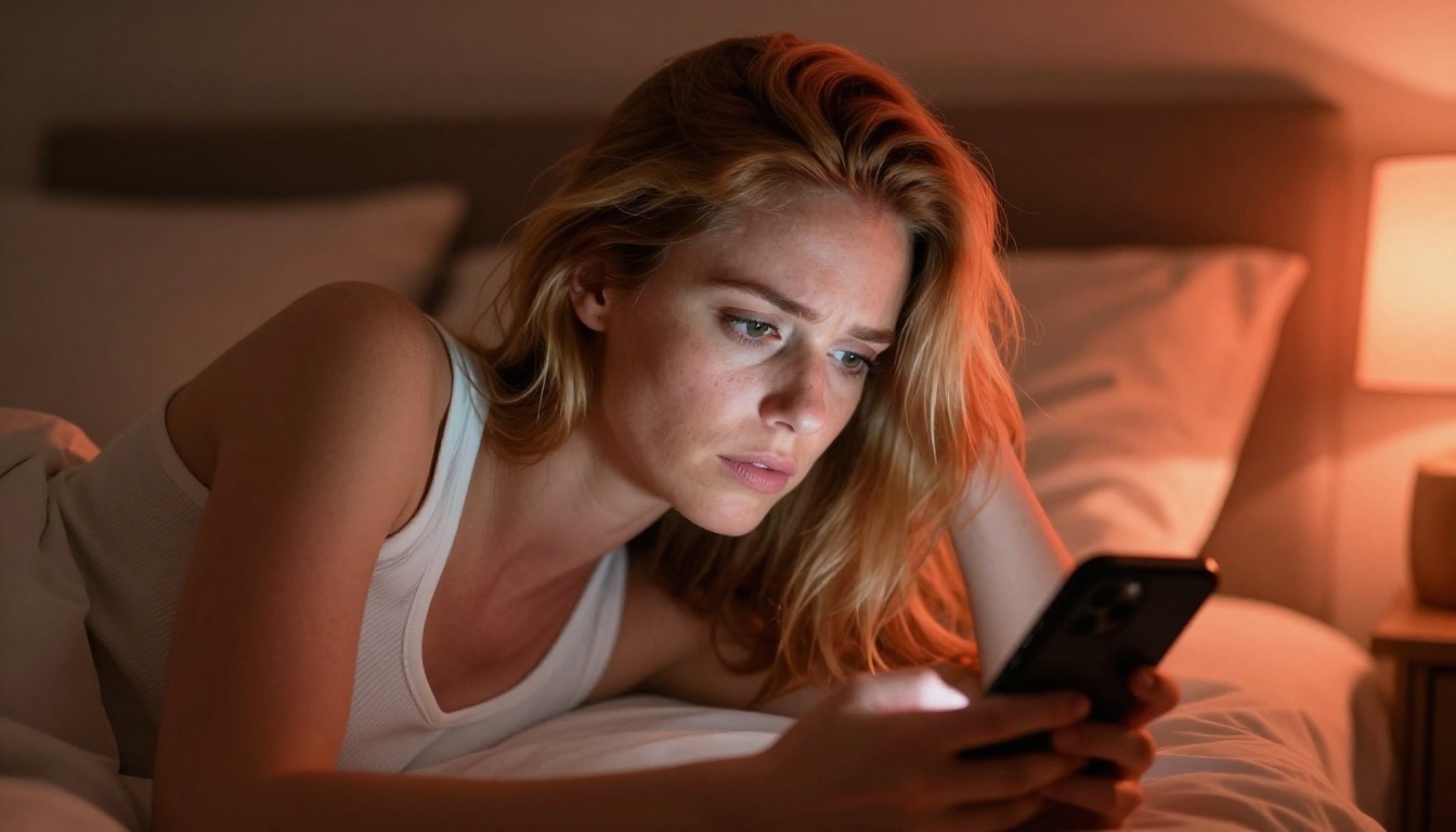 European woman lying on cozy bed scrolling phone with thoughtful expression