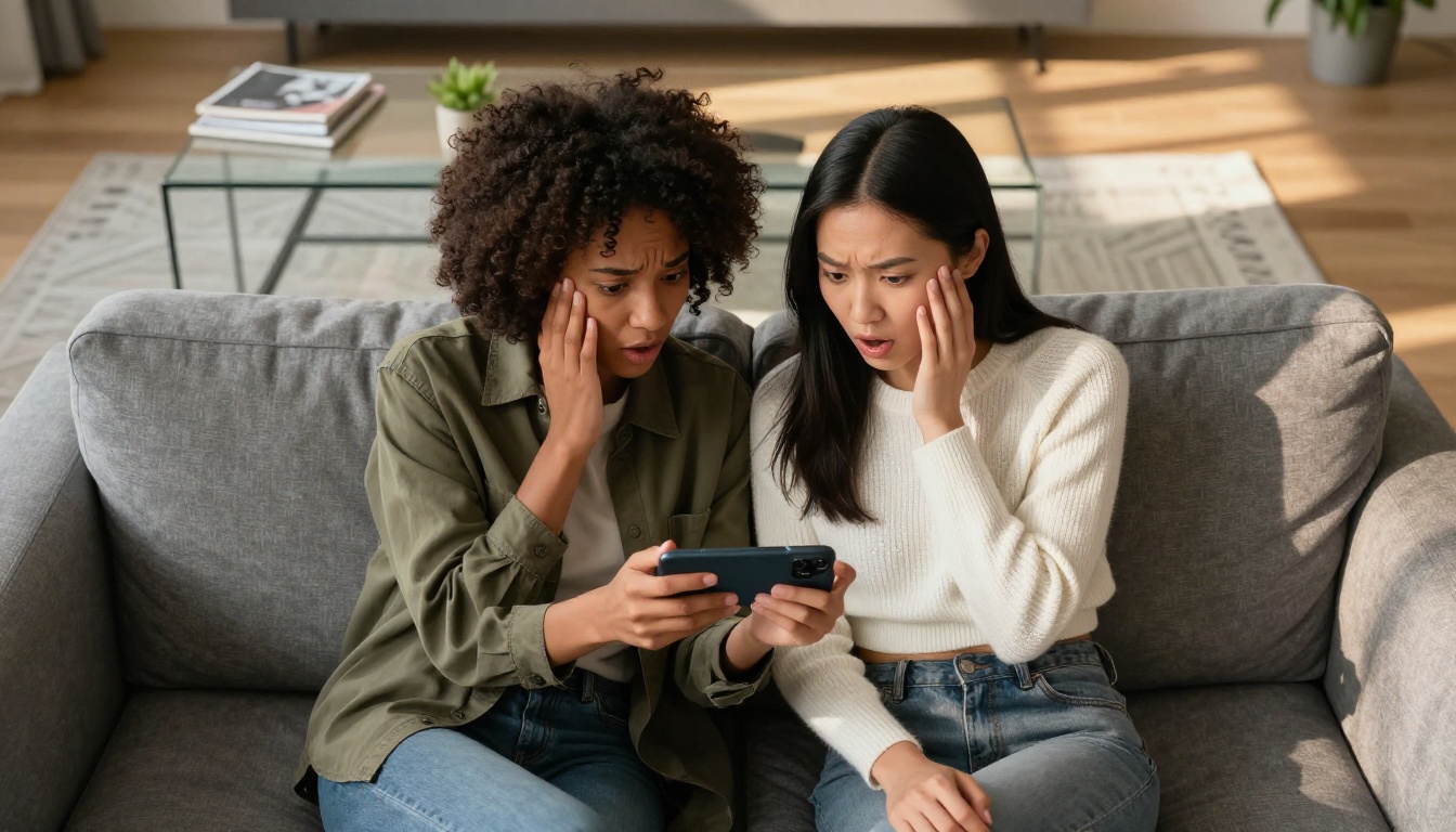Overhead aerial view of two women friends examining phone together on gray couch